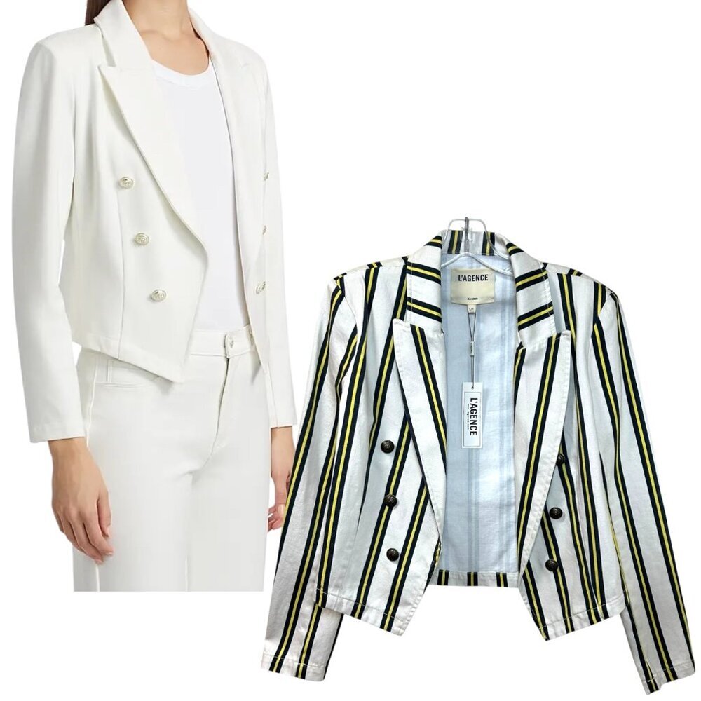 L'AGENCE Striped Cropped Double-Breasted Blazer in White, Black & Yellow